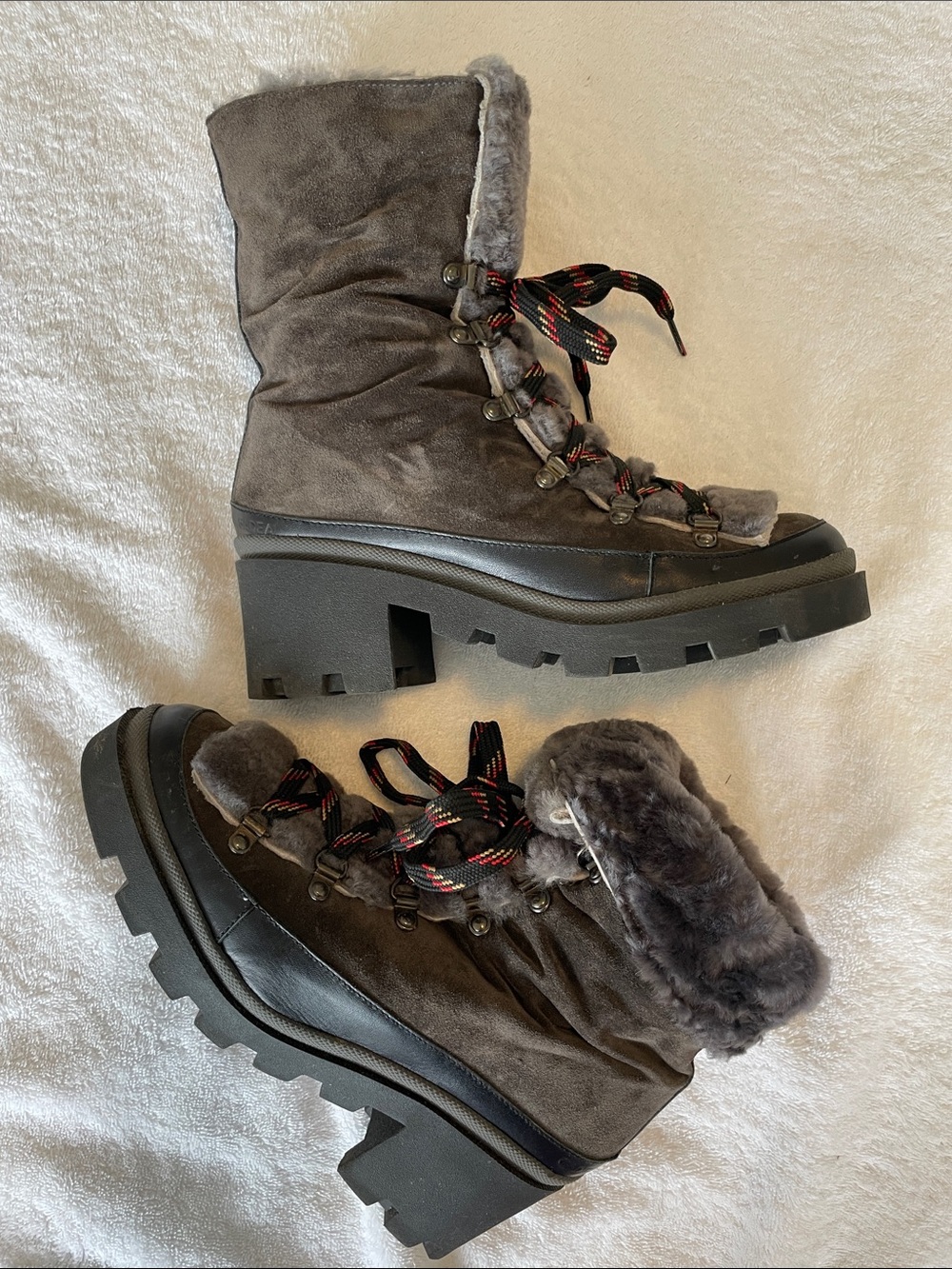 GADEA Women's Gray Suede, Genuine Shearling lined, Lug Sole Ankle Boots